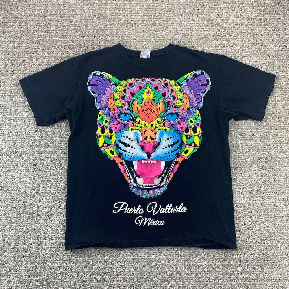 Puerto Vallarta Mexico Shirt Men Large L Black Multicolor Graphic Print T-Shirt